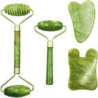 4-PCS Gua Sha Set, Skin Care Roller, Jade Roller Set, Face Stone Facial Roller Massage Tool for Face Eyes Neck Body, Smooth Wrinkles & Eye Puffiness(Green)