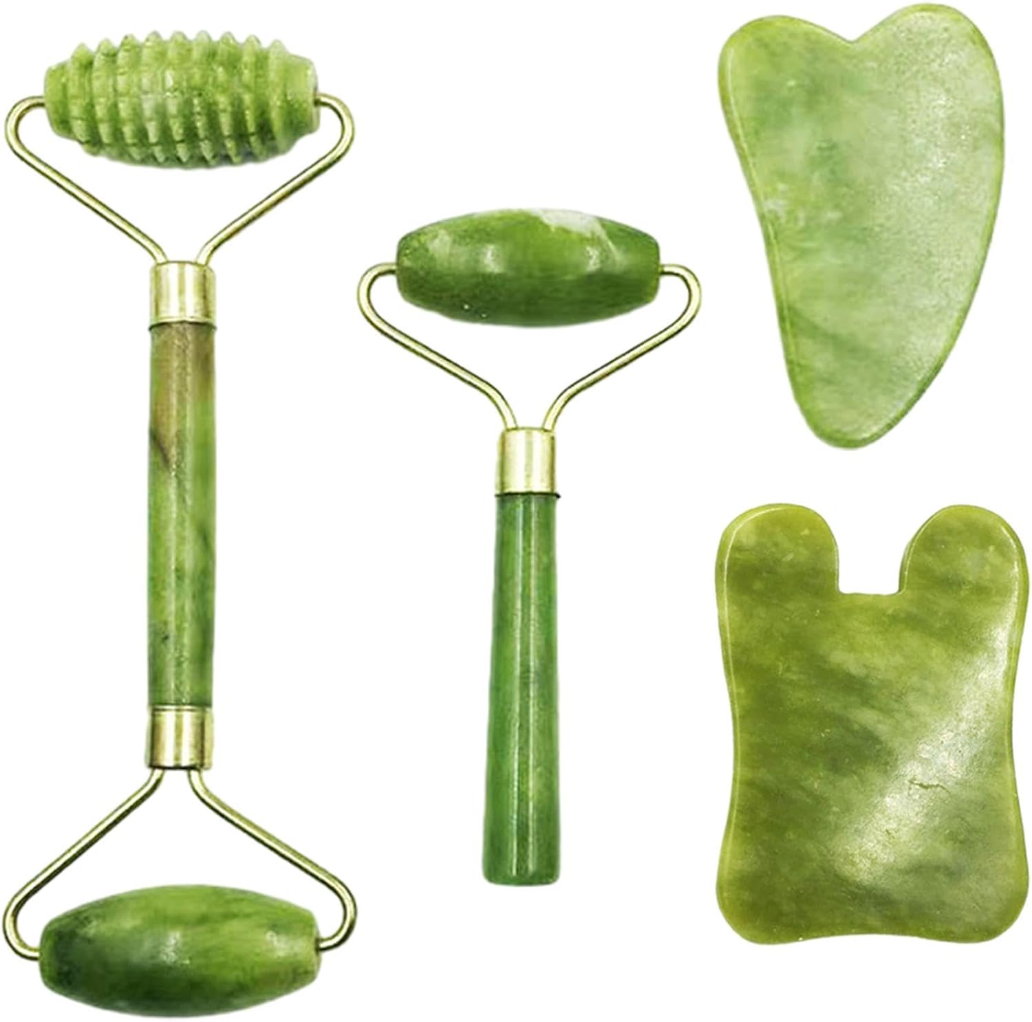 4-PCS Gua Sha Set, Skin Care Roller, Jade Roller Set, Face Stone Facial Roller Massage Tool for Face Eyes Neck Body, Smooth Wrinkles & Eye Puffiness(Green)