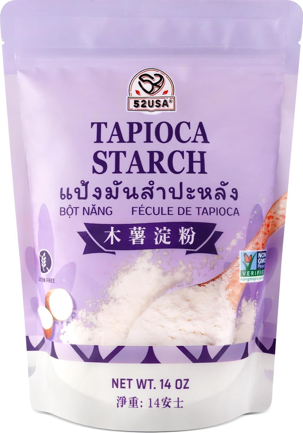52USA Tapioca Starch, 14oz (397g) | Tapioca Flour | Gluten Free Flour Substitute | Vegan, Kosher, Non-GMO, All Natural, No Preservatives | Thickener for Baking, Cooking, Soups, Sauces & Bubble Tea