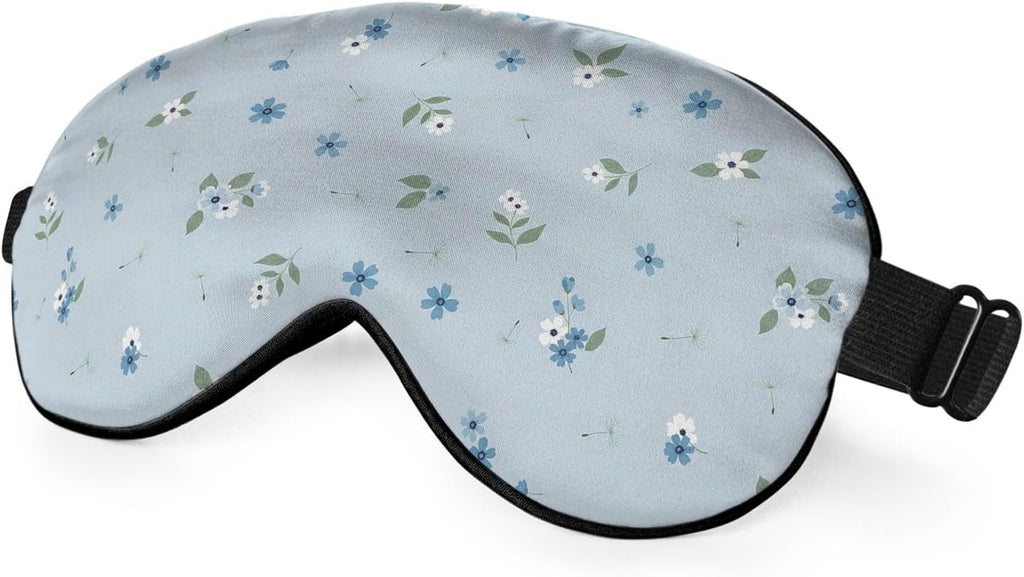 Floral Silk Eye Mask Sleep Mask Blooming Plant Pattern Light Blue White Flower Eye Mask with Adjustable Strap Lightweight for Women Work Travel Night Sleep
