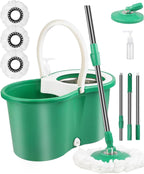 Hand Free Household Mop and Bucket with Wringer Set,Operable 360 ° Rotating Mop Bucket Set with 3 Microfiber Replacement Head and Stainless Steel 56" Extended Handle for Office and Home use(Green)