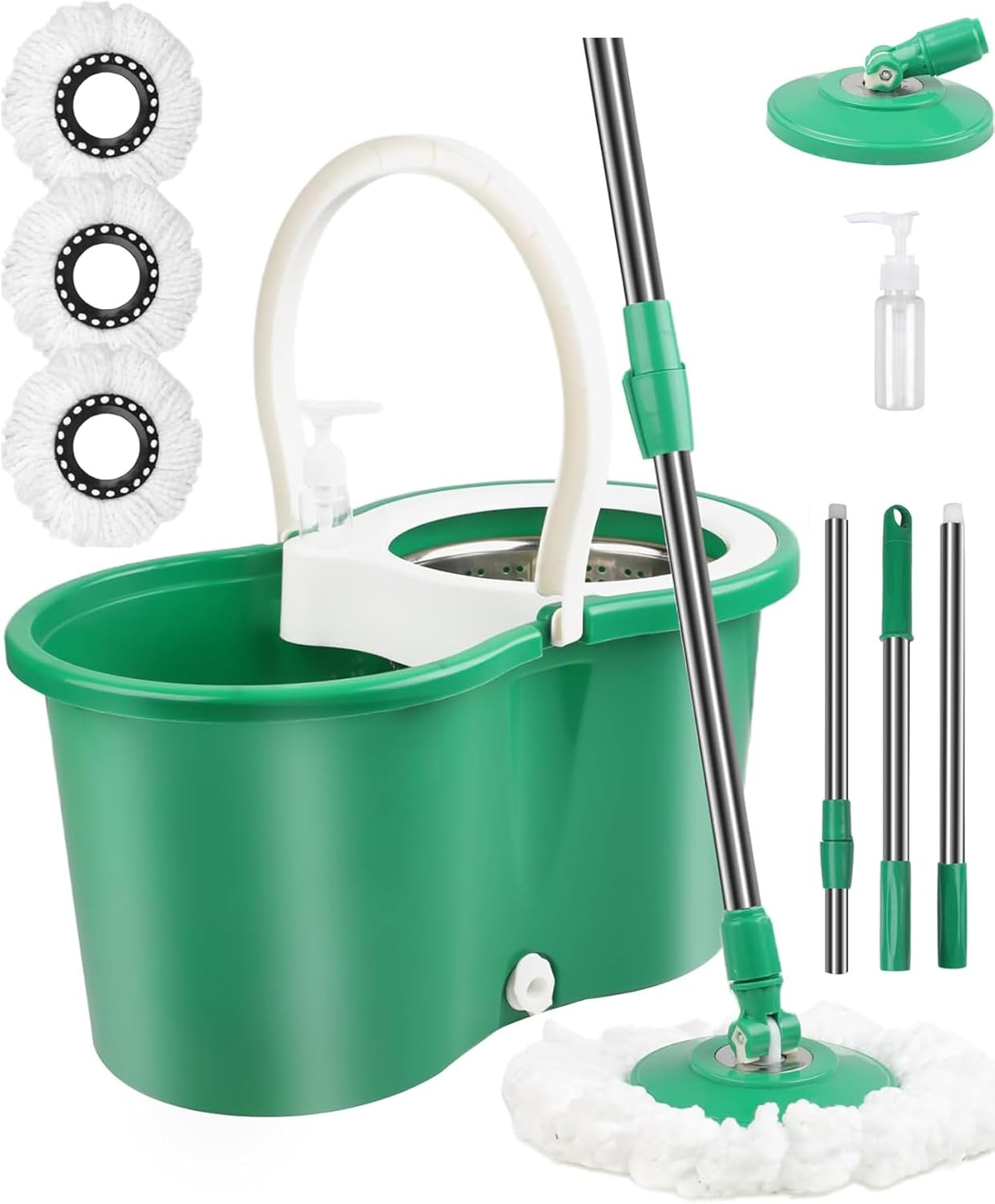 Hand Free Household Mop and Bucket with Wringer Set,Operable 360 ° Rotating Mop Bucket Set with 3 Microfiber Replacement Head and Stainless Steel 56" Extended Handle for Office and Home use(Green)