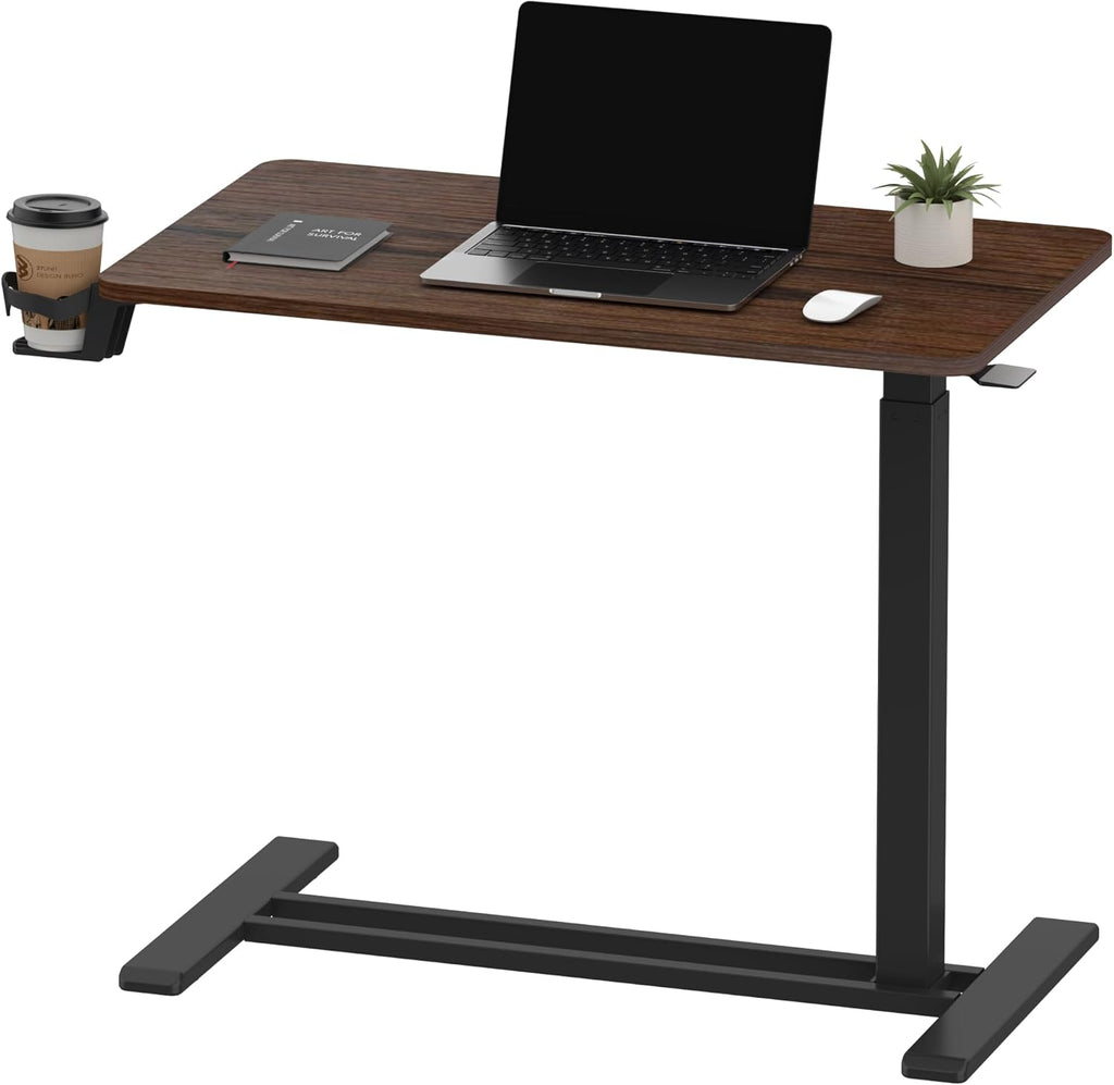 SANODESK Medical Adjustable Overbed Bedside Table with Hidden Casters, Pneumatic Mobile Laptop Computer Standing Desk Cart with Tray, Hospital and Home Use(27.6" W x 15.7" D, Walnut)
