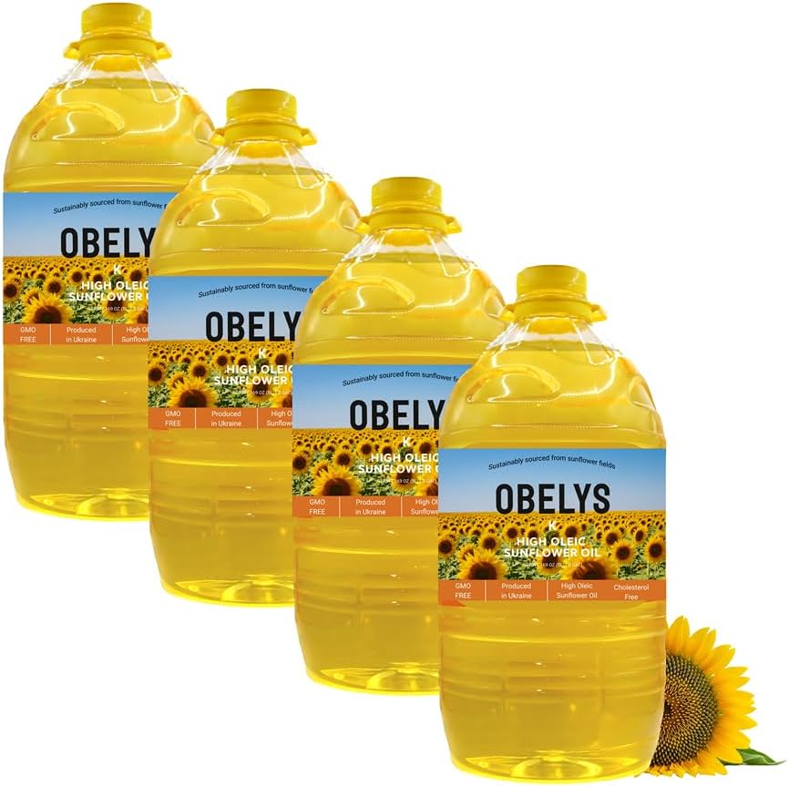 Obelys High Oleic Sunflower Oil | 4 Pack 1.3 Gallon Jug - Neutral Oil For Medium to High Heat Cooking, Non-GMO, Kosher, Cholesterol Free | 5L / 169 Oz