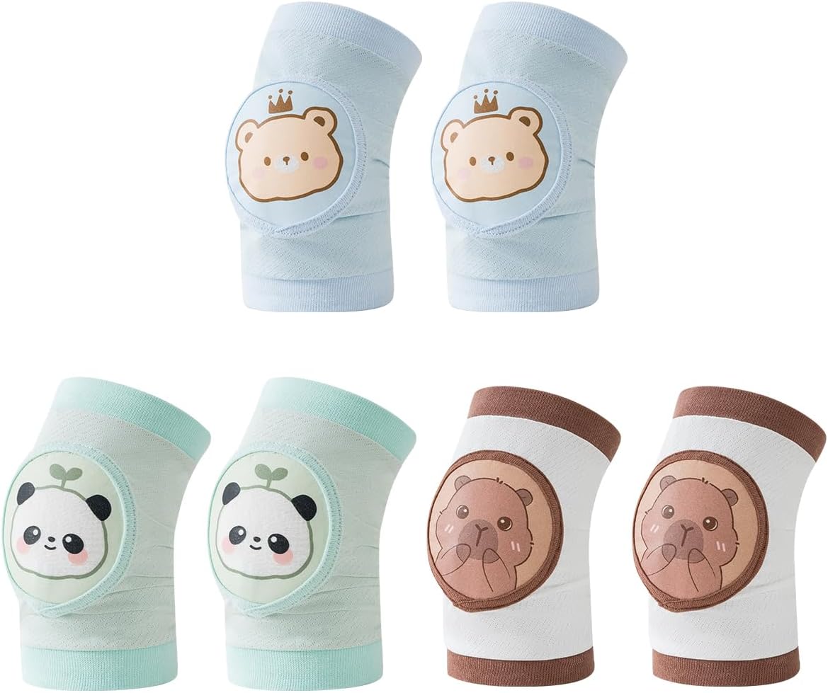 Baby Knee Pads for Crawling, 3 Pairs Breathable Knee Pads for Kids Toddler Knee Pad, Soft Baby Helmet for Crawling Walking, Rodilleras Para Bebe (Blue+Yellow+Brown)
