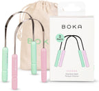 Boka Tongue Scraper for Adults & Kids with Case - Stainless Steel Tongue Cleaner w/Linen Travel Pouch - Scrubber to Remove Tongue Buildup and Freshen Breath (Pack of 2), Green and Pink