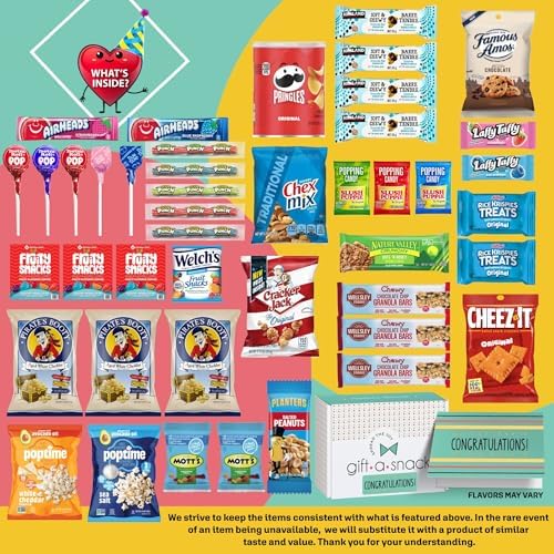 Gift A Snack - Congratulations Snack Box Variety Pack Care Package + Greeting Card (45 Count) Graduation Sweet Treats Gift Basket, Candies Chips Crackers Bars - Office Food Assortments