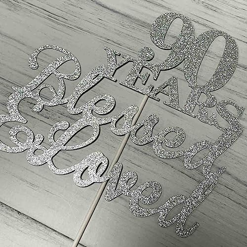 JIEEIN 90 Years Blessed & Loved Cake Topper for 90th Birthday, Wedding Anniversary Party Decorations - Double Sided Silver Glitter