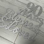 JIEEIN 90 Years Blessed & Loved Cake Topper for 90th Birthday, Wedding Anniversary Party Decorations - Double Sided Silver Glitter