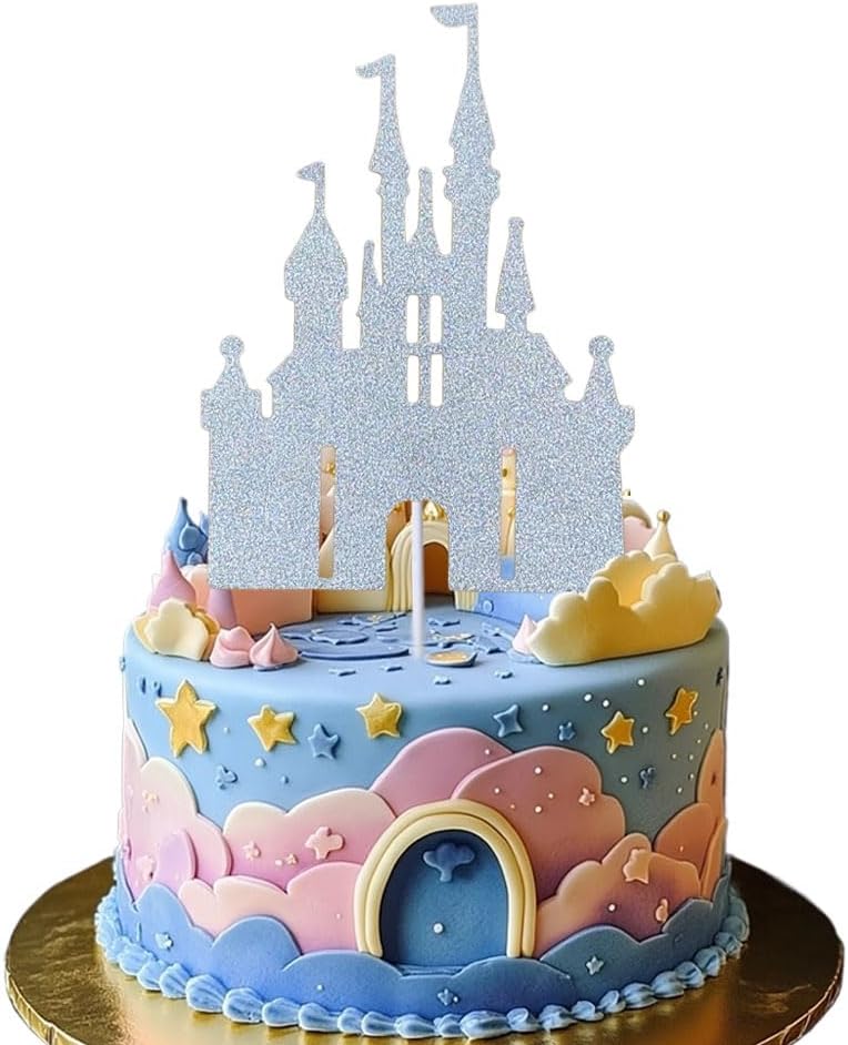 1 PCS Silver Castle Cake Topper Glitter Princess Cake Pick Castle Theme Birthday Party Decorations for Princess Happy Birthday Baby Shower Party Cake Decorations Supplies