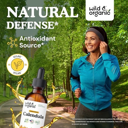 Wild & Organic Calendula Flowers Supplement - Antioxidant, Immune & Skin Support - Add to Tea Liquid Drops - Calendula Tincture - Vegan, Alcohol & Sugar-Free - 2 fl oz