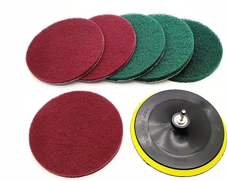 Super Large Size 7 Inch Drill Powered Brush Tile Scrubber Scouring Pads Cleaning Kit, 2 Different Stiffness, 7-Inch Disc Pad Holder with 6 Scrubbing Pads, Cleans Large Flat Areas Perfectly (7-inch)