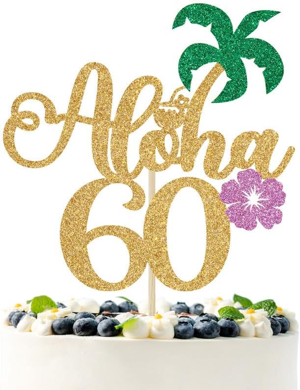 Gold Glitter Aloha 60 Cake Topper, Hello 60/Cheers to 60 Years/Happy 60th Birthday/Anniversay, Tropical Hawaiian Themed 60th Anniversary/Birthday Party Decorations