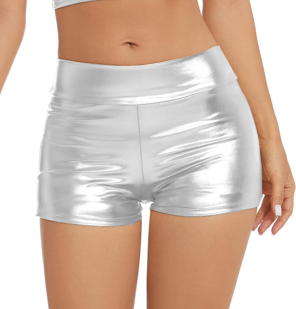Women's Metallic Rave Booty Shorts Shiny High Waisted Bottoms for Dance Festival