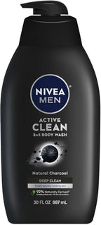 NIVEA Men Active Clean Body Wash with Natural Charcoal for Normal to Oily Skin, 3-in-1 Charcoal Body Wash, Face and Hair, Draws Out Dirt and Impurities, 30 Fl Oz Bottle