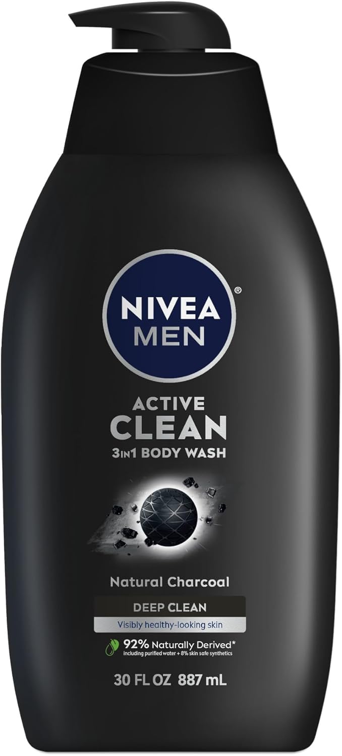 NIVEA Men Active Clean Body Wash with Natural Charcoal for Normal to Oily Skin, 3-in-1 Charcoal Body Wash, Face and Hair, Draws Out Dirt and Impurities, 30 Fl Oz Bottle