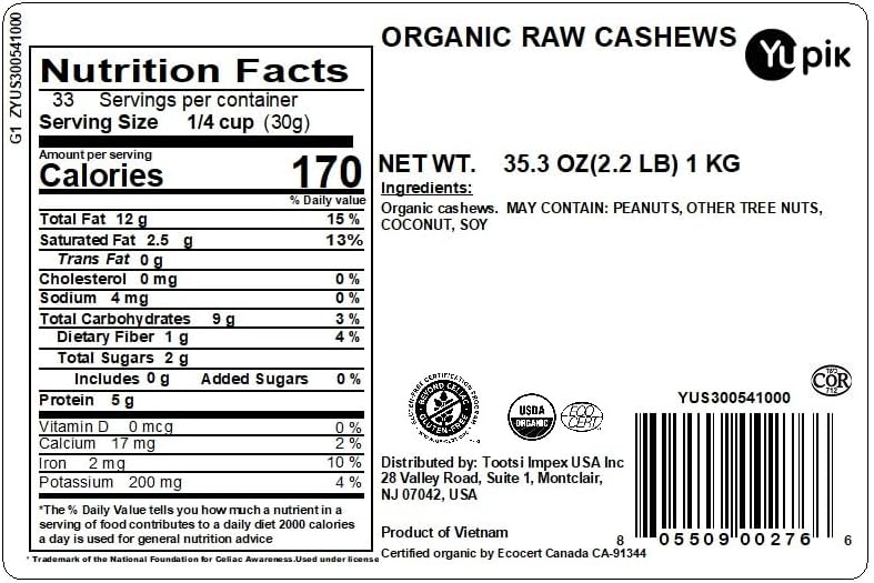 Yupik Organic Raw Cashews, 2.2 lb (35.2 oz), Kosher, Gluten-Free, Non-GMO, Vegan, Whole Nuts, Unsalted, Unroasted, Source of Protein & Iron, Nutritious, Crunchy, Healthy Snacks, For Baking & Cooking