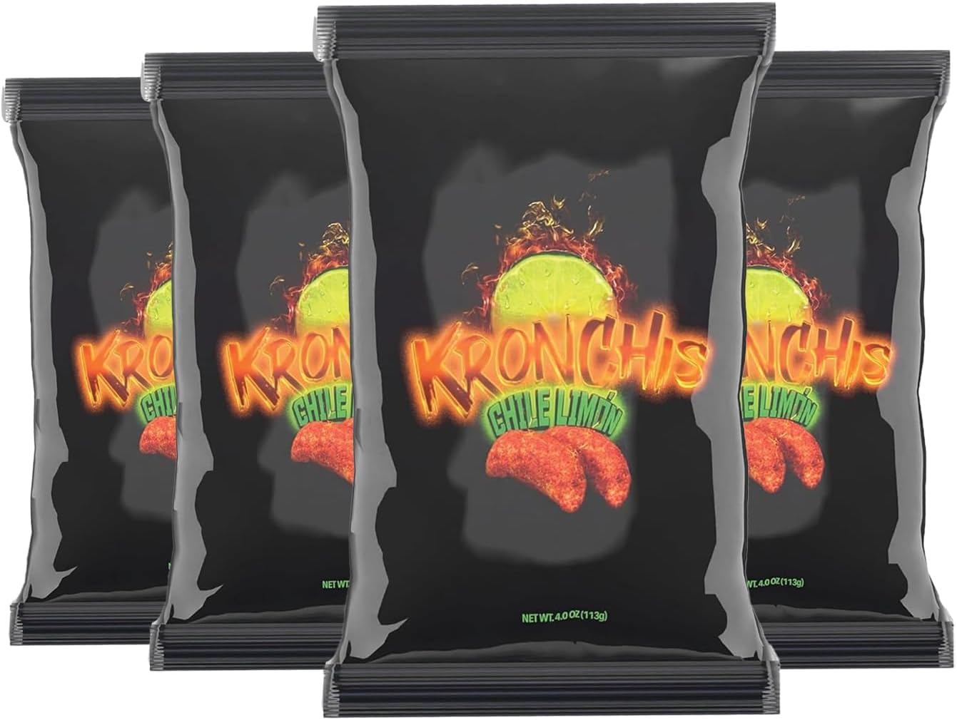 Kronchis Chile Limón Corn Chips, Spicy Snack with Zesty Kick, Lime Flavored Crunchy Treat, Vegan Chips Variety Pack, Bold Vegetable Snack for Anytime Munching, 4oz Bags, 4 Pack