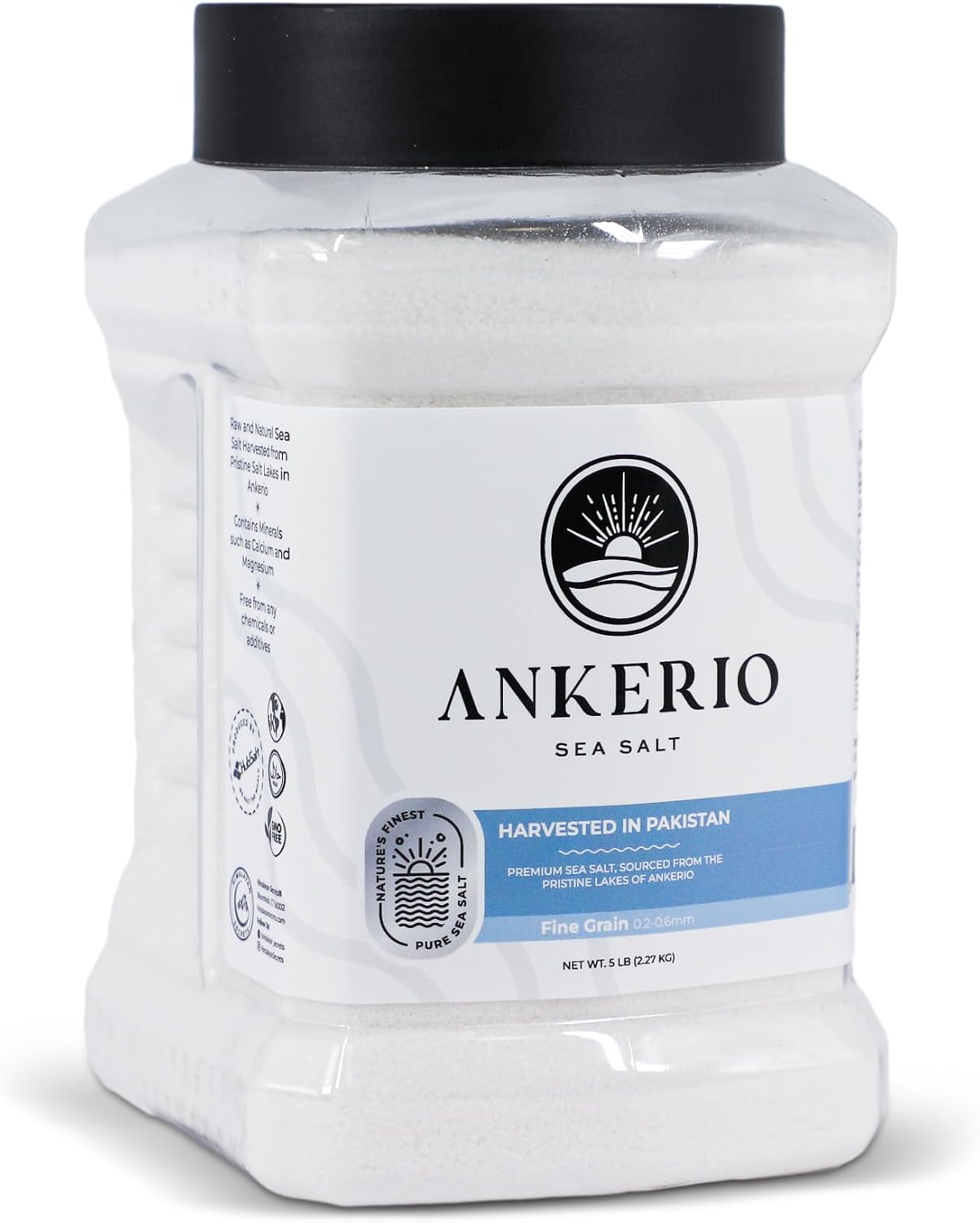 Ankerio Fine Sea Salt - Natural Unrefined Cooking Salt, Clean Flavor, Mineral-Rich, No Additives, Kosher Certified, Large Resealable Jar (5LB)