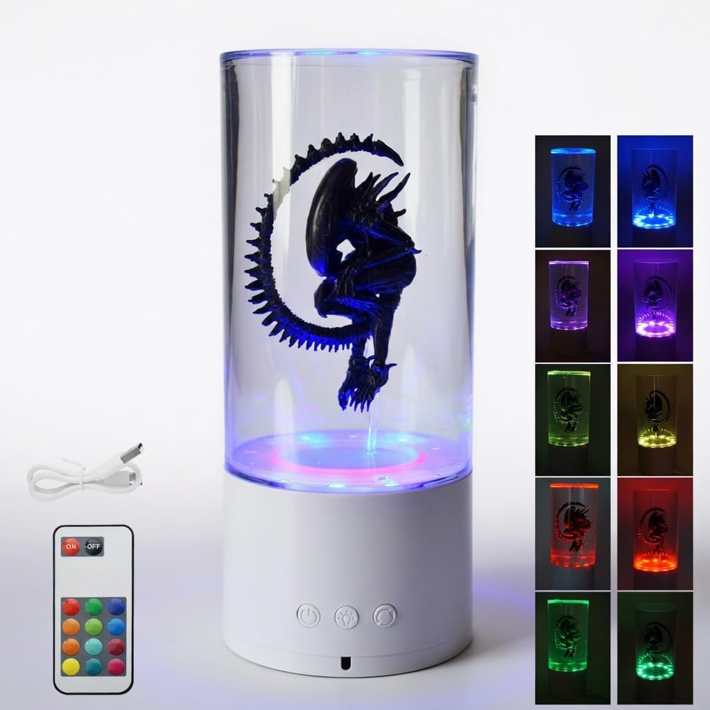 MILRCH 9.1" Tall Alien Xenomorph Bucket with Multiple Lighting Modes & Remote Control, Rotating Base, USB, Sci-Fi Collectible Figurine, Tabletop Display for Home Decor & Alien Fans