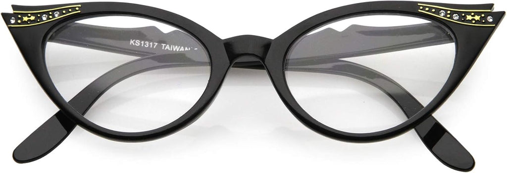 zeroUV Women's Retro Rhinestone Embellished Clear Lens Cat Eye Glasses 51mm
