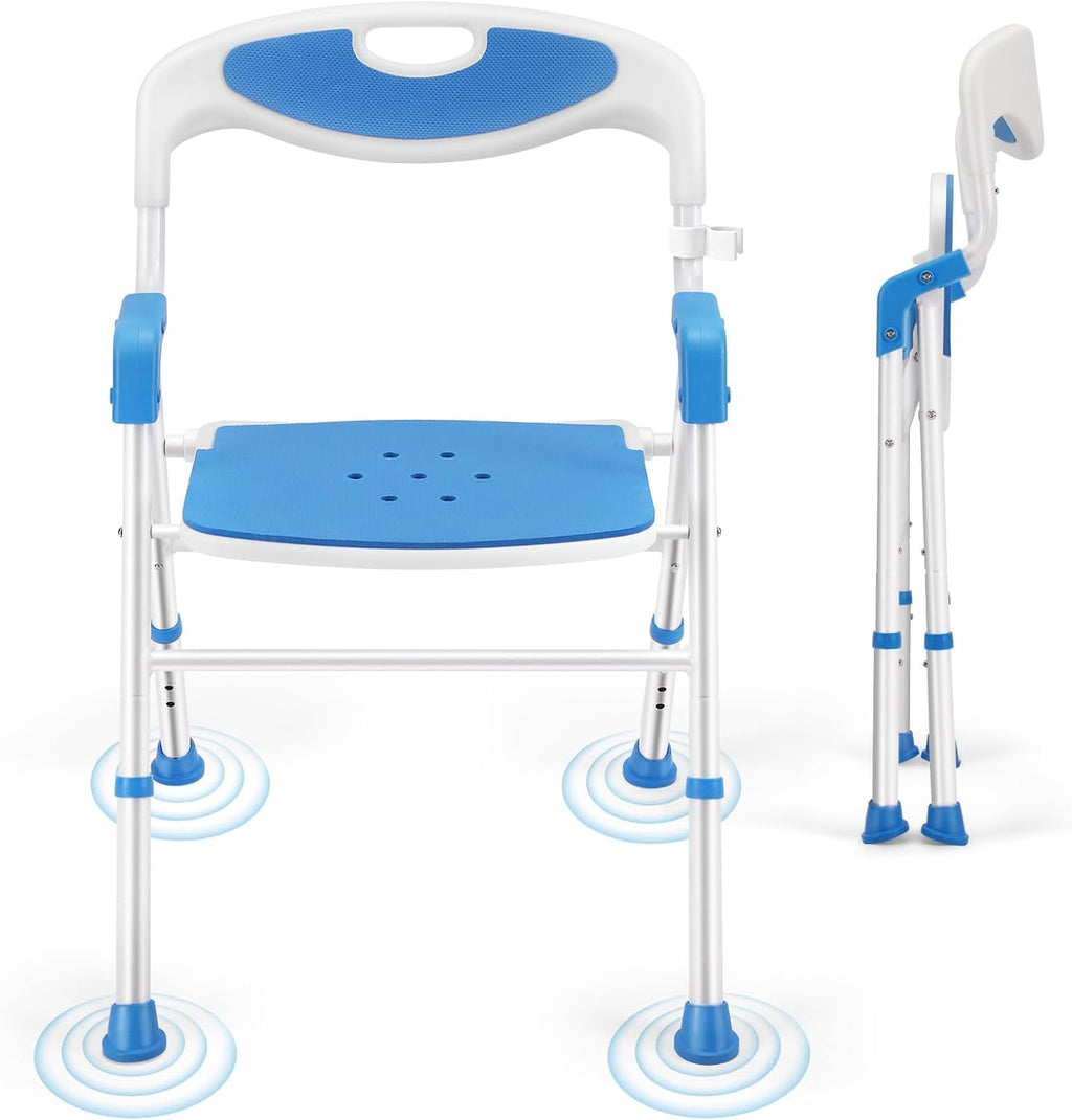 Adjustable Height Foldable Shower Chair with Back for Elderly & Disabled – Sturdy Non-Slip Shower Seat for Indoor & Travel Use