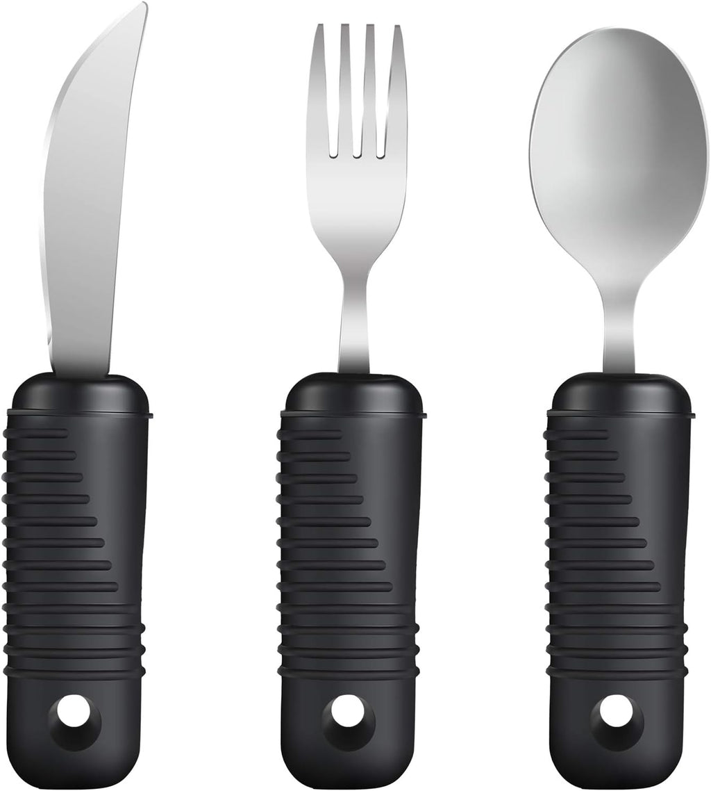 YPC Adaptive Utensils,Easy Grip Silverware,Built-Up Fork,Spoon and Rocker Knife for Adults,Elderly,Arthritis,Tremors and Parkinsons,3 Piece Set