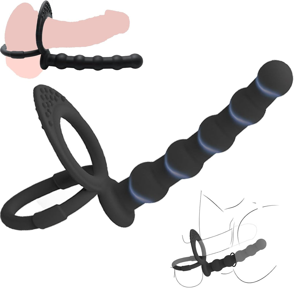 Anal Toys Anal Beads Dual Penetration Cock Ring, Couples Sex Toys Double Anal Dildo Strap On for Anal Play Pleasure & Vaginal Stimulation, Silicone Butt Plug Anal Hook Trainer with Penis Ring