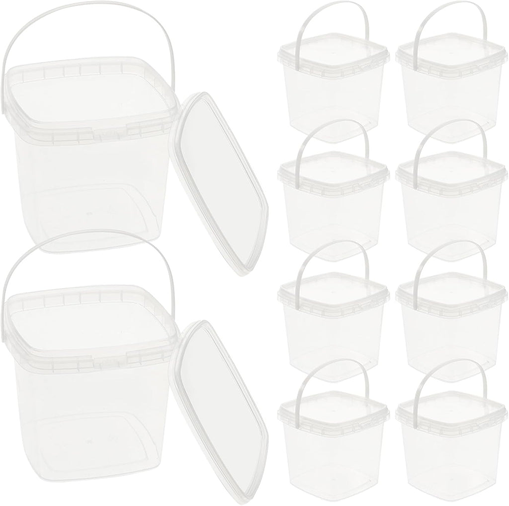 Mipcase 10 Pcs Clear Plastic Container with Lid Ice Cream Bucket Food Storage Container Freezer Storage Bucket Square Plastic Pails with Handle for Home Kitchen 500ml