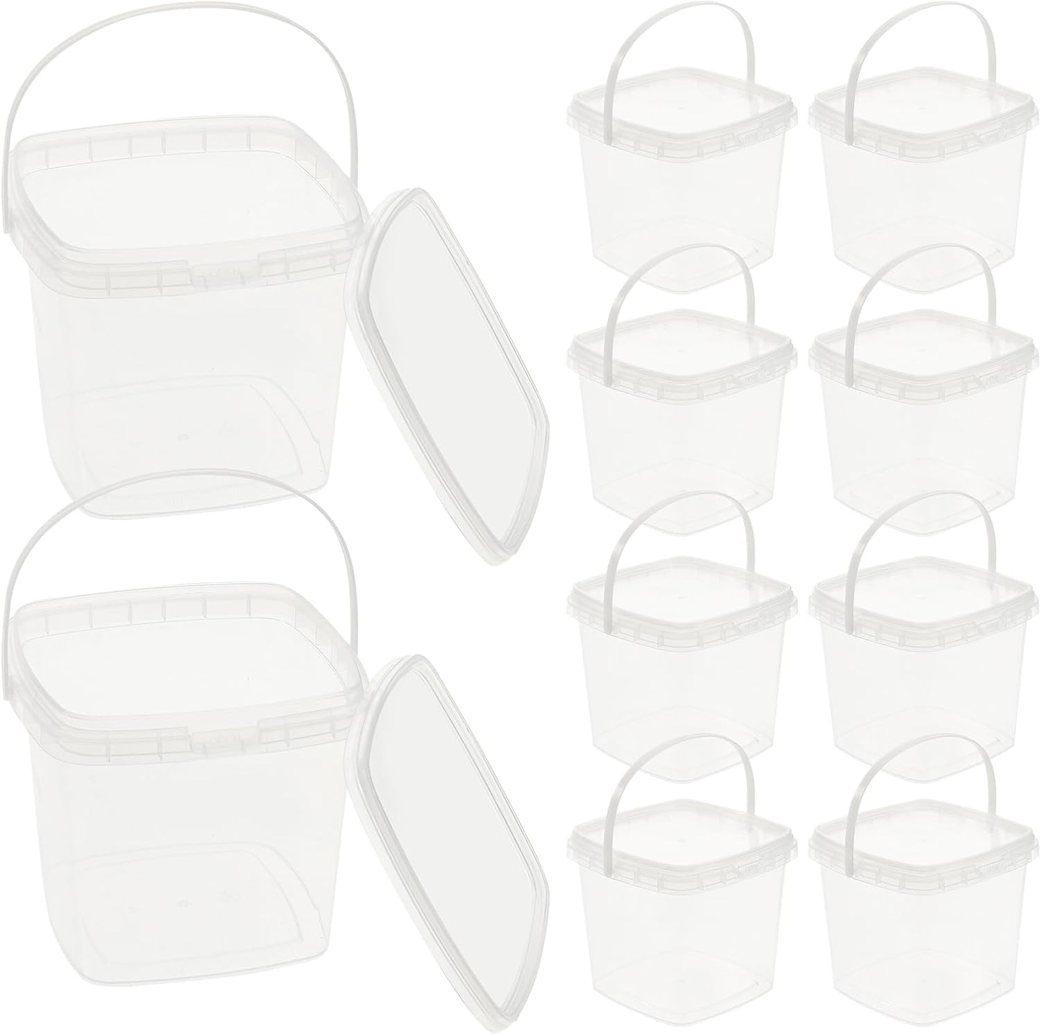Mipcase 10 Pcs Clear Plastic Container with Lid Ice Cream Bucket Food Storage Container Freezer Storage Bucket Square Plastic Pails with Handle for Home Kitchen 500ml