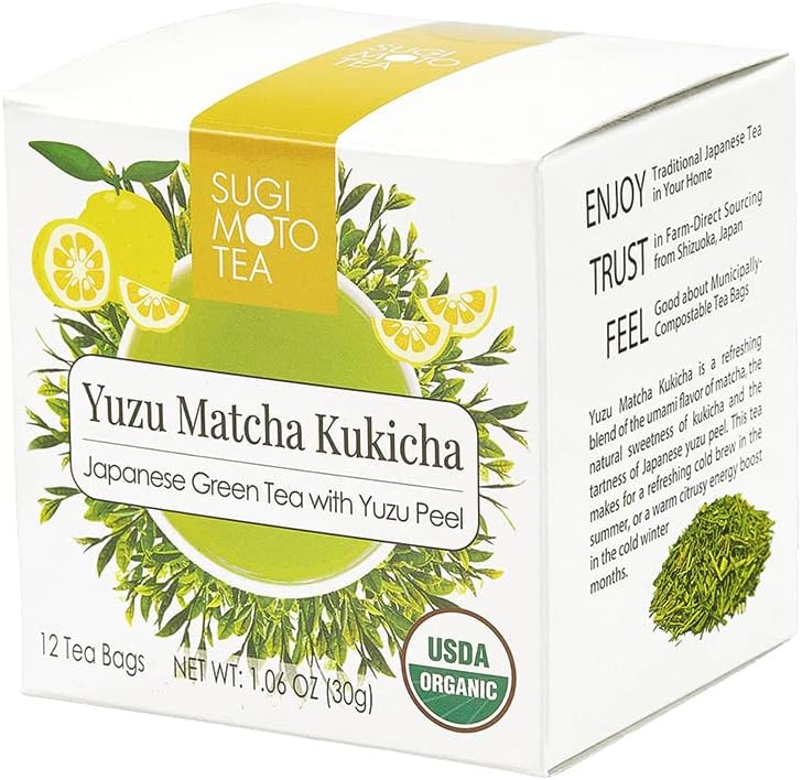 SUGIMOTO TEA Japanese Organic Yuzu Kukicha with Matcha Green Tea Bags 12 Count