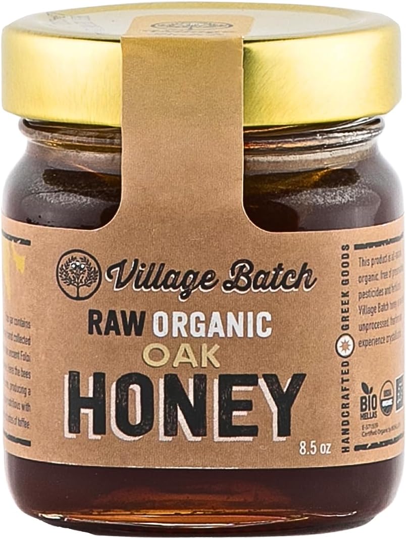 Village Batch Raw Organic Oak Honey 8.5oz Jar (Pack of 1) from Foloi Oak Forest, Dark Amber, Rich Caramel and Toffee Notes, Unfiltered and Unpasteurized Greek-Honey