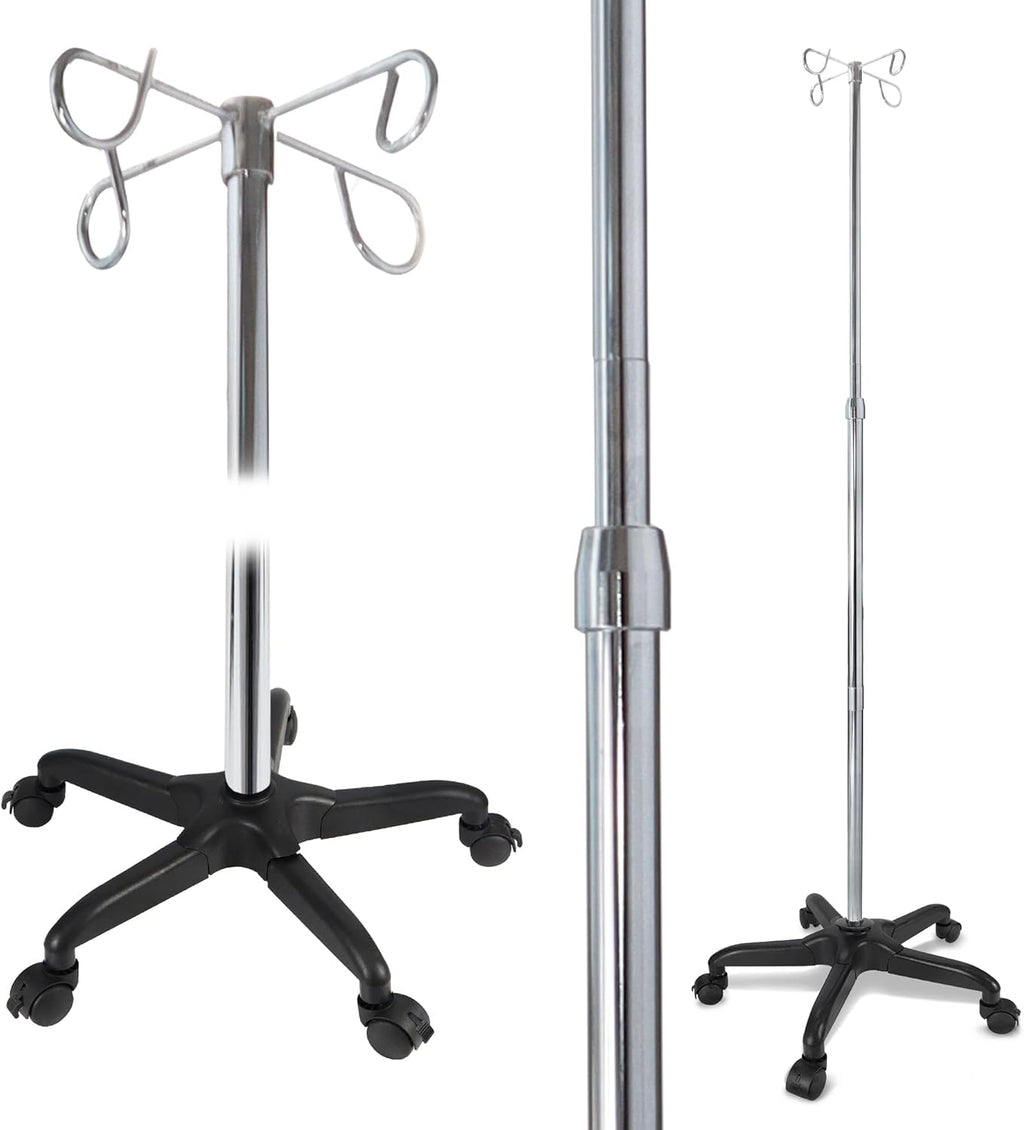 JJ CARE IV Pole with Wheels [Upgraded] 4 Hooks, 5 Caster Wheels with Lock Function, and Adjustable Height - Heavy Duty Plastic Base IV Stand Pole, IV Bag Holder, Infusion Stand - Chrome