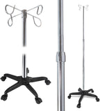 JJ CARE IV Pole with Wheels [Upgraded] 4 Hooks, 5 Caster Wheels with Lock Function, and Adjustable Height - Heavy Duty Plastic Base IV Stand Pole, IV Bag Holder, Infusion Stand - Chrome