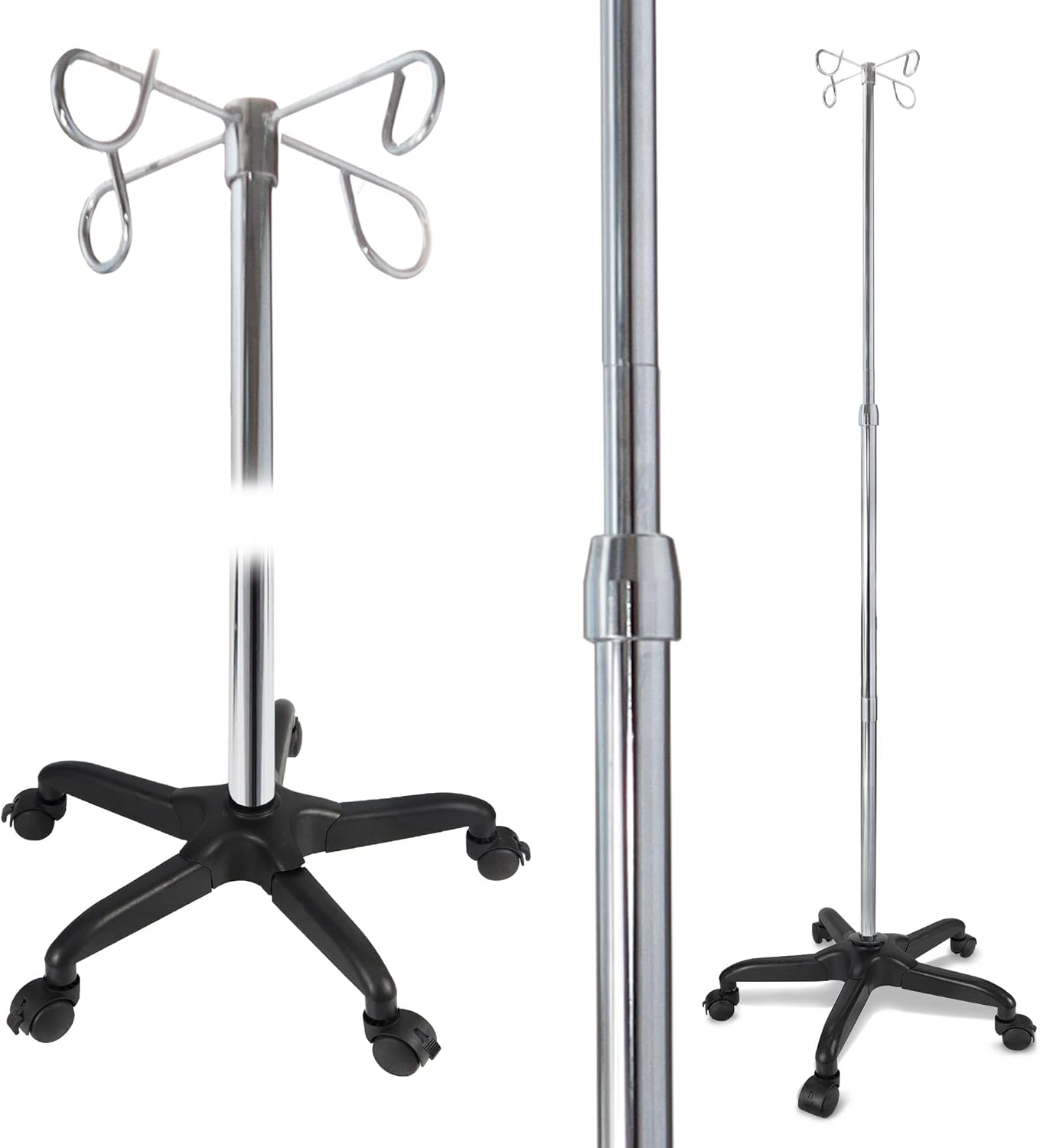 JJ CARE IV Pole with Wheels [Upgraded] 4 Hooks, 5 Caster Wheels with Lock Function, and Adjustable Height - Heavy Duty Plastic Base IV Stand Pole, IV Bag Holder, Infusion Stand - Chrome