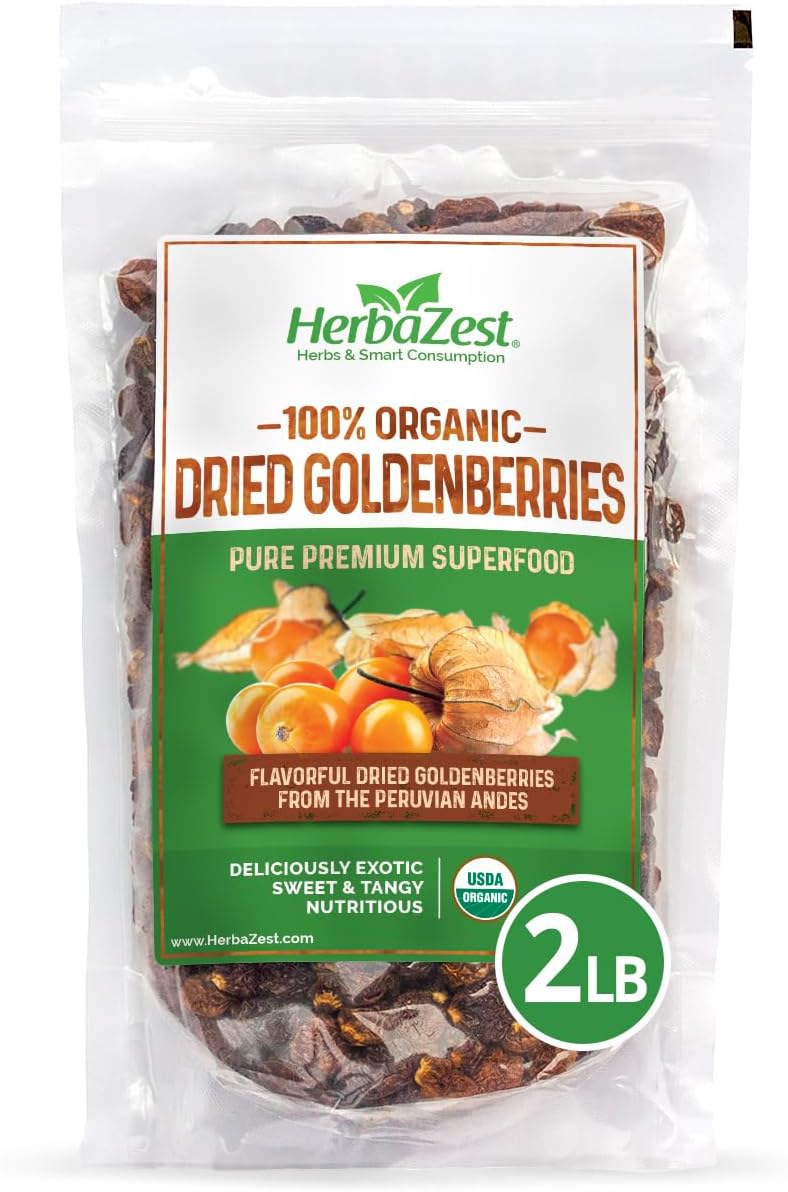 HerbaZest Goldenberries Dried Organic (32oz) – USDA Certified Organic – Vegan, Non-GMO & Gluten Free – Deliciously Exotic, Perfect for Snacks, Baked Goods, Yogurt, Cereal & Smoothies