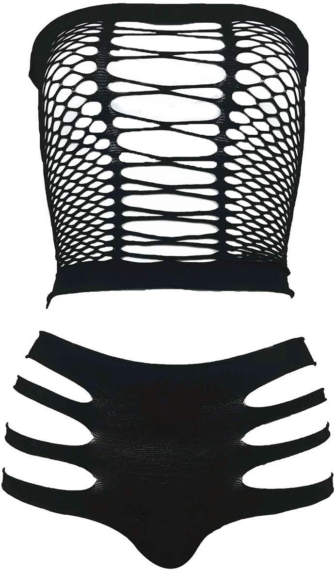 LEMON GIRL Women's Lingerie Fishnet BabyDoll Bodysuit Mini Dress Set One Size