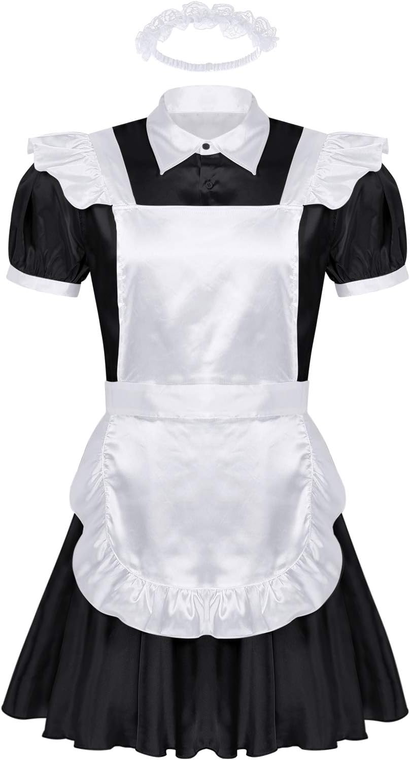 YiZYiF Adult Men's Frilly Satin French Maid Uniform Crossdressing Lingerie Outfit Set