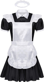 YiZYiF Adult Men's Frilly Satin French Maid Uniform Crossdressing Lingerie Outfit Set