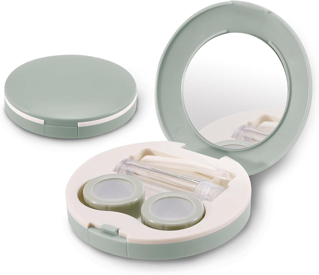 2 Pack Travel Contact Lens Case Kit, Portable Eye Contact Case with Mirror, Remover Tool, Tweezers & Solution Bottle, Lens Holder Box Container Storage for Outdoor Daily (Round, Green)