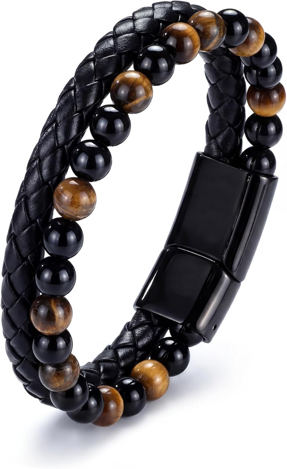 RANKEEF Gifts for Men - Mens Beaded Leather Bracelet with Tiger Eye Stainless Steel Engraved Anniversary Christmas Birthday Gifts for Son Husband Man 7.5/8.5/9 Inches Mens Leather Bracelet