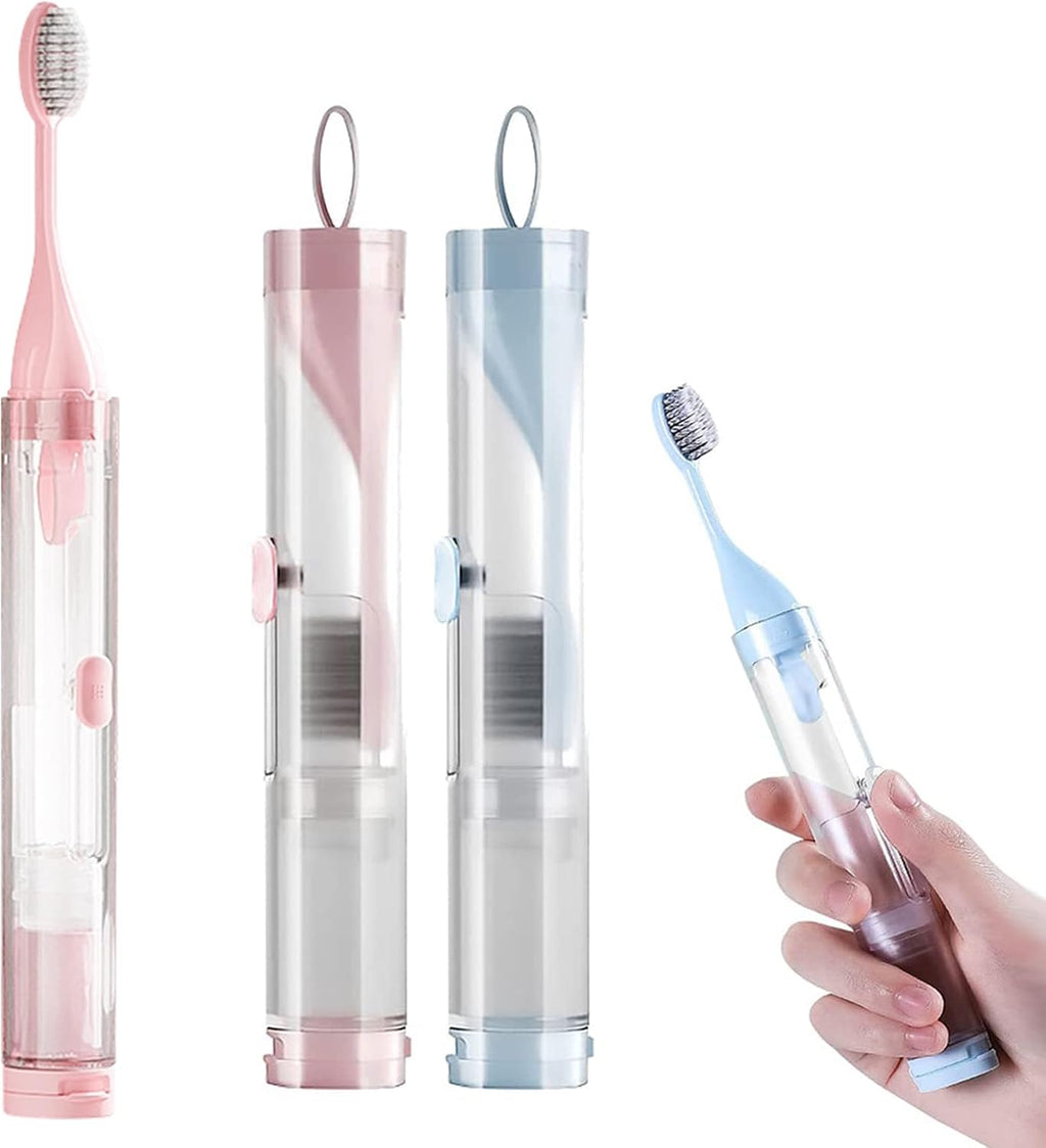 2Pcs Travel Toothbrushes Kit Fold Travel Size Toothbrushes Built-in Toothpaste Container, Including 2 Cleaner Head Soft Bristles for Camping, School, Business Trip (Blue, Pink)
