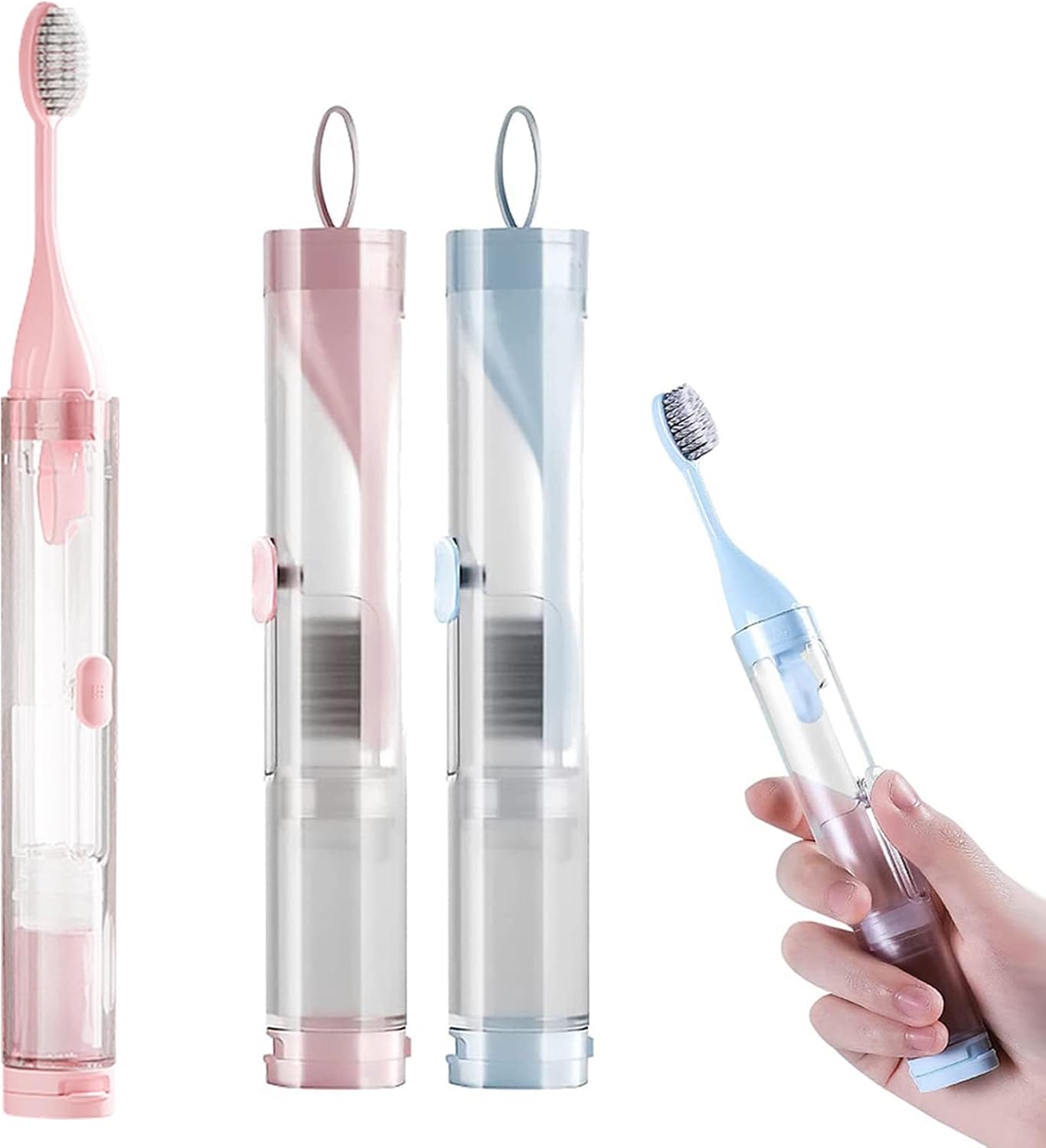 2Pcs Travel Toothbrushes Kit Fold Travel Size Toothbrushes Built-in Toothpaste Container, Including 2 Cleaner Head Soft Bristles for Camping, School, Business Trip (Blue, Pink)