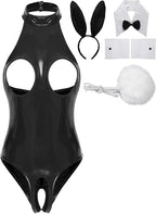 Women's Sexy Bunny Girl Cosplay Costume Wetlook Cutout Bodysuit Naughty Rabbit Lingerie Set
