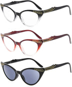 Eyekepper Womens 3 Pairs Reading Glasses Ladies' Vintage Cat Eye Readers, Include Sunshine Readers (Black Transparent/Red Transparent/Grey Lens, 1.75)