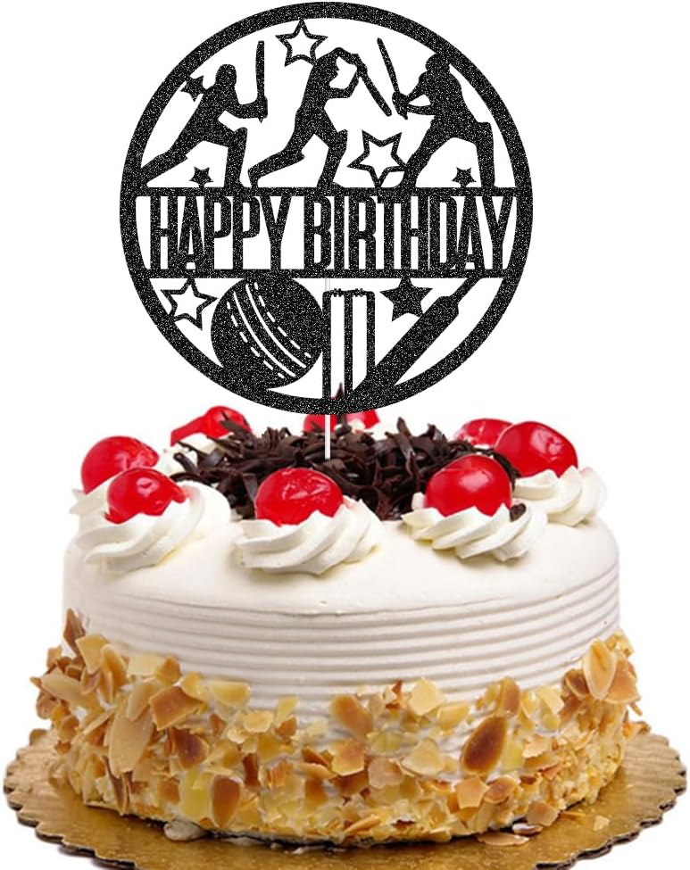 Cricket Happy Birthday Cake Topper Sport Theme Birthday Party Decorations for Boys Men Black Glitter