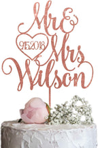 Rose Gold Mr & Mrs Wedding Cake Topper with Last name and Date, Elegant Custom Mr and Mrs Cake Topper, Personalised cake topper also available in Gold, Silver or Champagne Glitter
