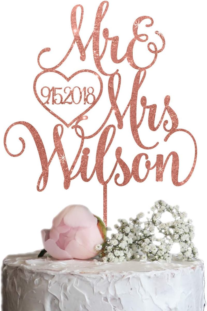 Rose Gold Mr & Mrs Wedding Cake Topper with Last name and Date, Elegant Custom Mr and Mrs Cake Topper, Personalised cake topper also available in Gold, Silver or Champagne Glitter