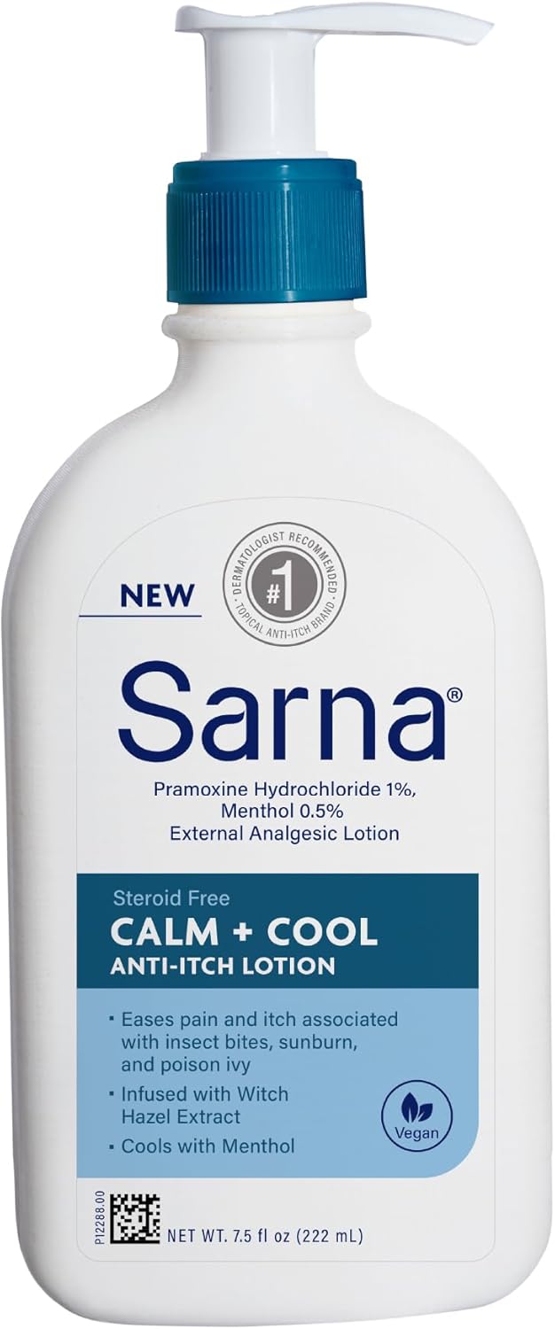 Sarna Calm + Cool Anti-Itch Lotion, Soothe and Relieve Pain and Itch from Insect Bites, Sunburn, & Poison Ivy, Contains 1% Pramoxine Hydrochloride, 0.5% Menthol, Vegan, Steroid-Free, 7.5oz