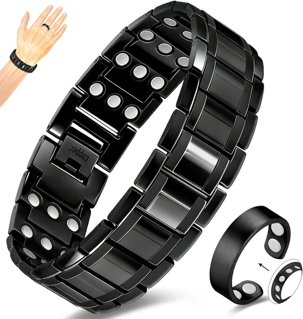 Vicmag Copper Magnetic Bracelet for Men, 3X Strength Magnets, Pure Copper Bracelet & 9X Magnet Ring Set, Adjustable Fit with Sizing Tool(Classic Black)